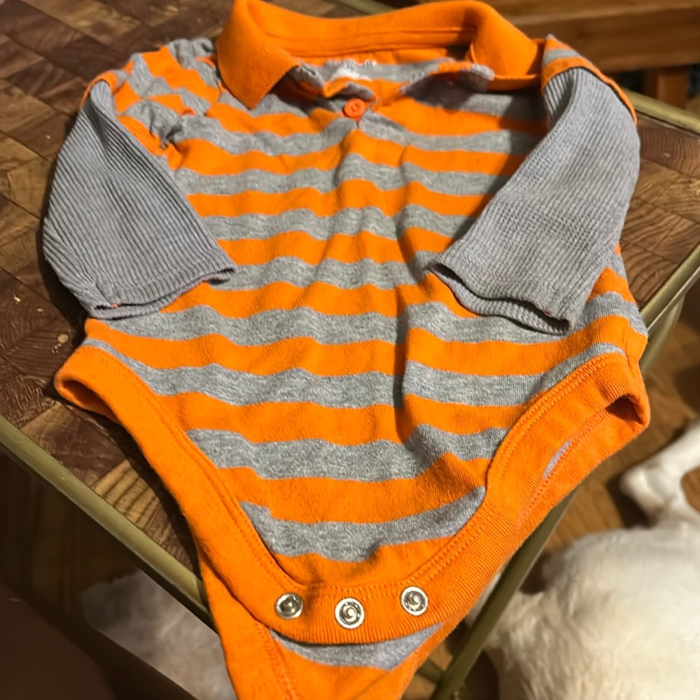 Orange and gray striped onsie 18M